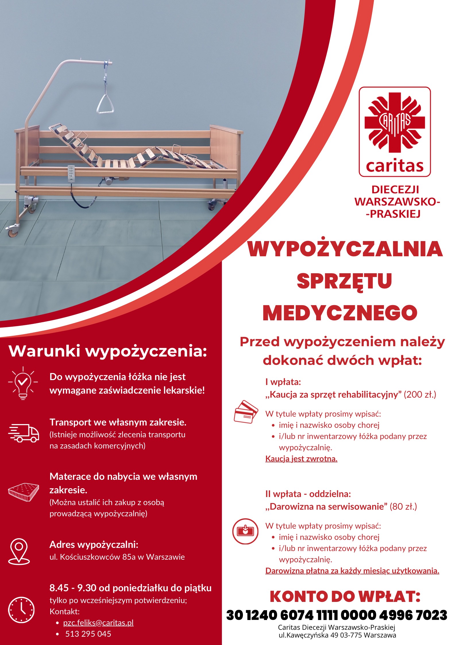 Plakat przeznaczony do druku opisujący warunki wypożyczenia. Wszystkie informacje znajdują się na stronie http://www.lozkodlachorego.pl/